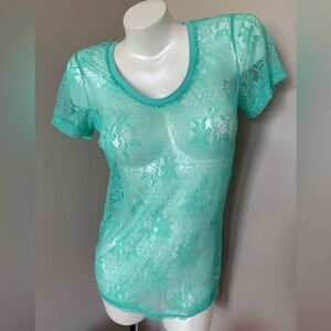 BKE Womens Medium Teal Lace S/S Top Sz Large Short Sleeve Scoop Neck Gorgeous🔥